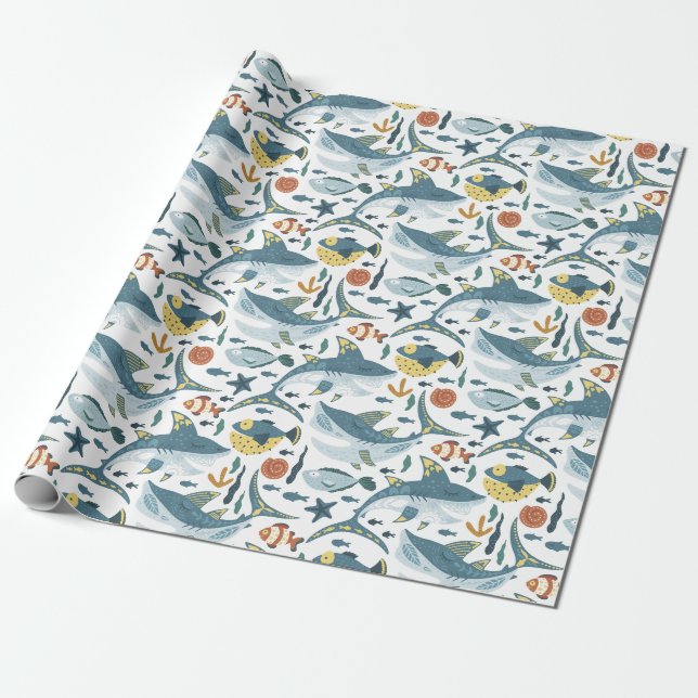 Papier Cadeau Petit requin Anniversaire de enfant moderne sous l (Déroulé)