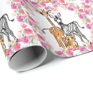 Papier Cadeau Petite fille amis Safari, girafe, zèbre, tigre