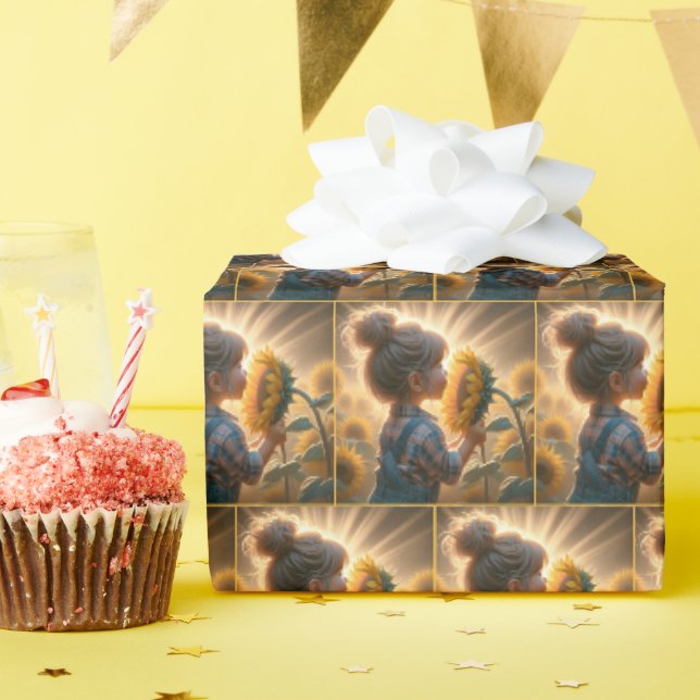 Papier Cadeau Petite Fille Au Tournesol Flambant (Fête d'anniversaire)