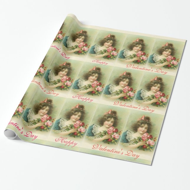 Papier Cadeau Petite fille aux roses roses roses, Saint Valentin (Déroulé)