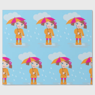 Papier Cadeau Petite Fille en Manteau Orange avec Parapluie Rose