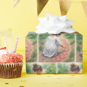 Papier Cadeau Petite fille faisant un chemin de jardin de coeur
