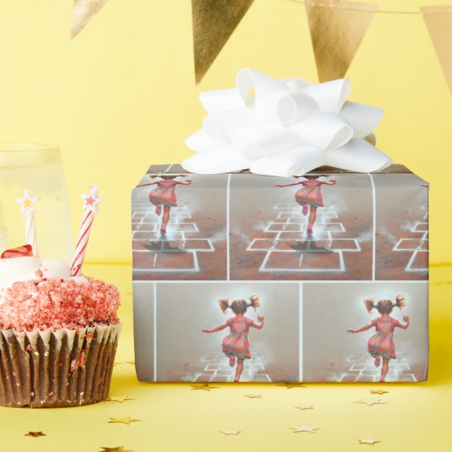 Papier Cadeau Petite fille jouant à Hopscotch (Fête d'anniversaire)