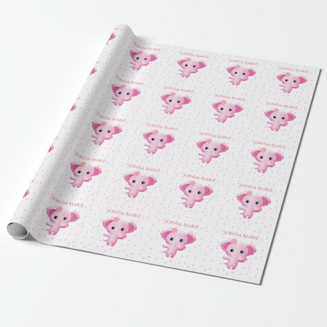 Papier Cadeau Petite fille rose adorable Eléphant (Déroulé)