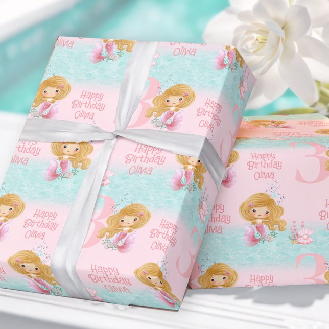 Papier Cadeau Petite fille sirène blonde cheveux rose (Little Mermaid Blond Hair Pink Girl Wrapping Paper)