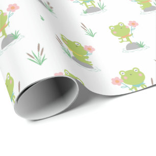Papier Cadeau Petite grenouilles mignonnes avec des fleurs en bl