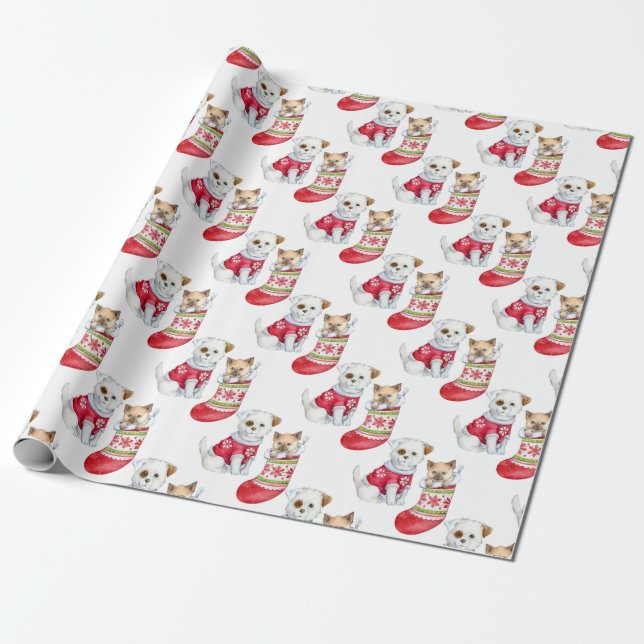 Papier Cadeau Petites chiots et chatons Noël (Déroulé)
