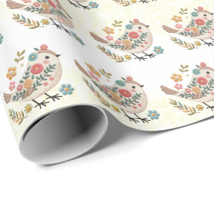 Papier Cadeau Petites fleurs Feuilles d'oiseaux Papier à envelop