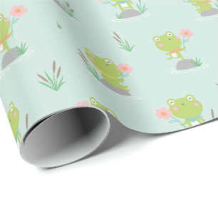Papier Cadeau Petites grenouilles mignonnes avec des fleurs à la