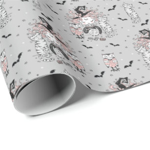 Papier Cadeau Petites sorcières mignonnes avec chats et chouett