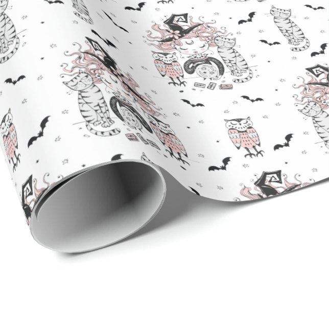 Papier Cadeau Petites sorcières mignonnes avec chauves-souris ch (Coin rond)