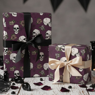 Papier Cadeau Petits crânes gothiques Maroon et Floral Rose
