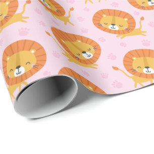 Papier Cadeau Petits Lions mignons avec empreintes sur rose clai