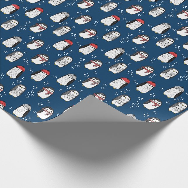 Papier Cadeau Petits pingouins de Noël bleu marine (Coin)