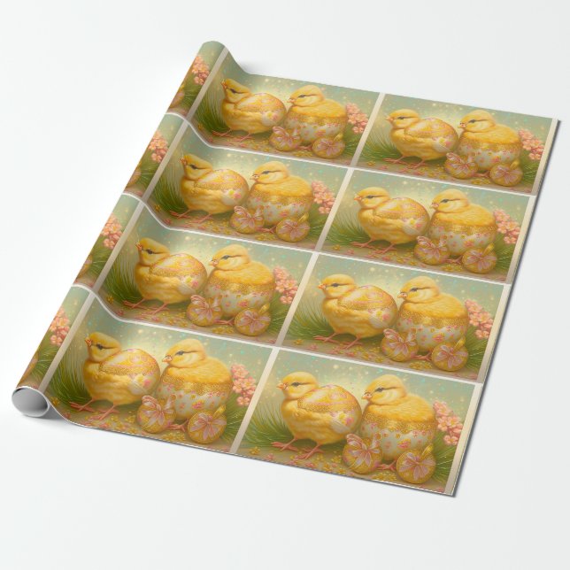 Papier Cadeau Petits Poussins De Pâques Dans Une Collection De C (Déroulé)