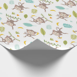 Papier Cadeau Petits singes mignons avec bananes & feuilles blan