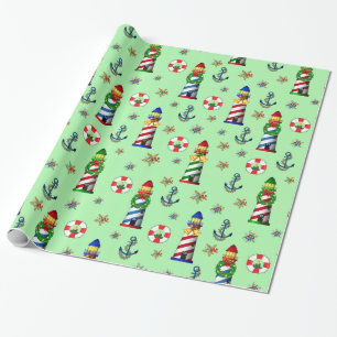 Papier Cadeau Phare de Noël nautique sur Arrière - plan vert