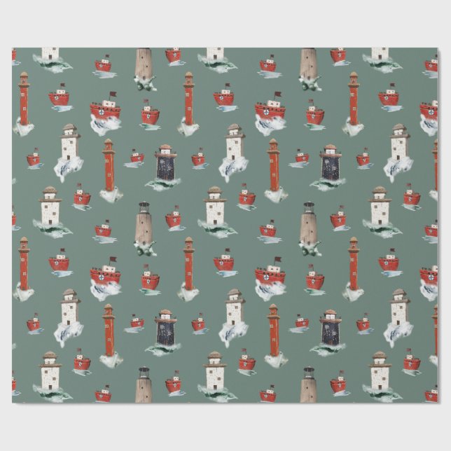 Papier Cadeau Phare Rouges Rustiques Bateaux En Mer Stormy 2 (Plat)