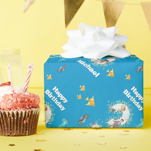 Papier Cadeau Photo Collage Big 3e anniversaire sous la mer (Fête d'anniversaire)