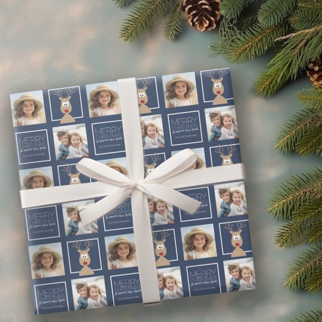 Papier Cadeau Photo de Cartoon Reindeer avec Joyeux Noël (Personalized wrapping paper with 2 photos)