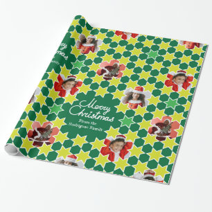 Papier Cadeau Photo de famille de Noël vert étoile motif personn