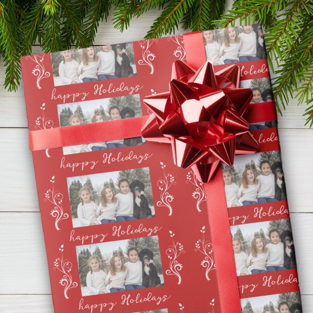 Papier Cadeau Photo de famille Foliage Noël Joyeux Noël Rouge (Créateur téléchargé)