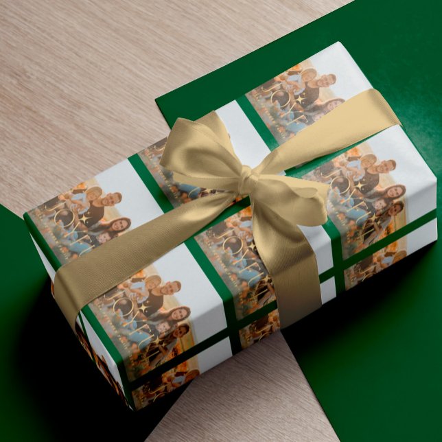 Papier Cadeau Photo de famille Noël vert or joyeuse coutume (Créateur téléchargé)