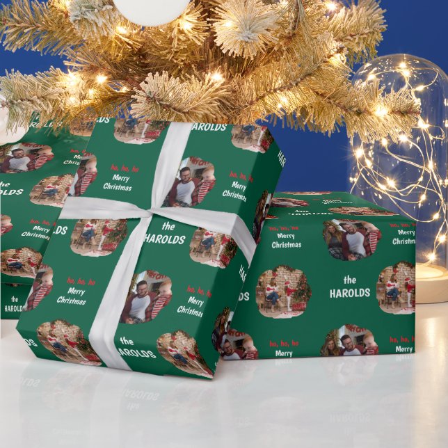 Papier Cadeau Photo de famille personnalisée de Noël moderne Ver (Vacances)