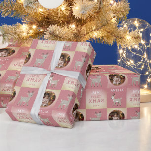 Papier Cadeau Photo du premier Noël de bébé Cerf Rose