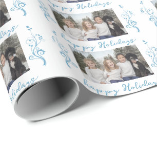 Papier Cadeau Photo famille Blue Foliage Noël Joyeux Fêtes