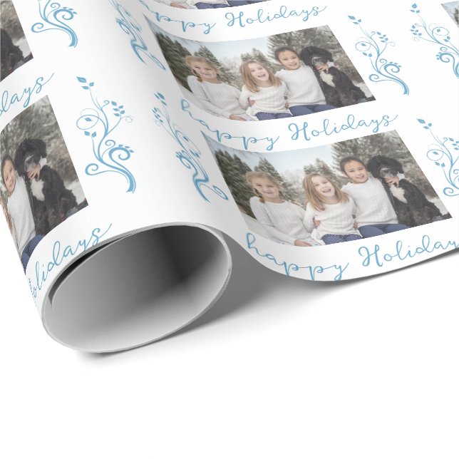 Papier Cadeau Photo famille Blue Foliage Noël Joyeux Fêtes (Coin rond)