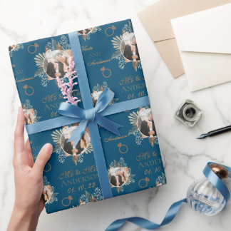 Papier Cadeau Photo personnalisée Aquarelle Floral Mr & Mrs Navy