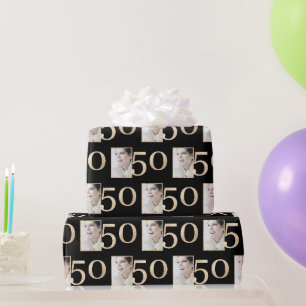 Papier Cadeau Photo personnalisée Black and Gold 50e anniversair