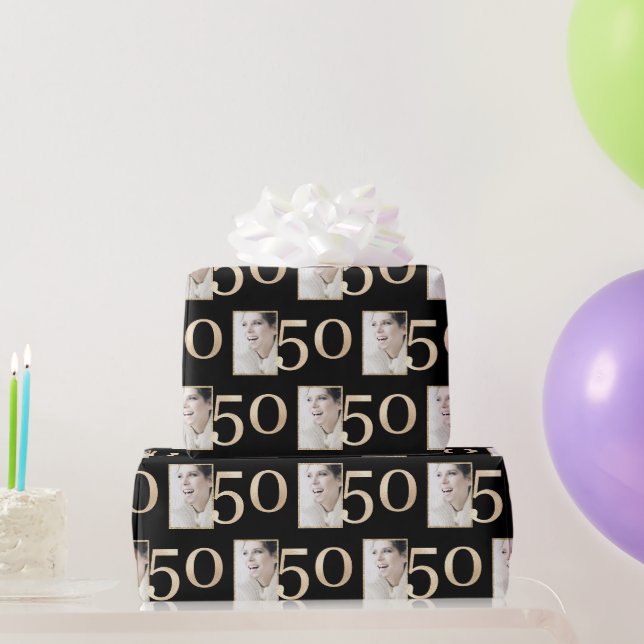 Papier Cadeau Photo personnalisée Black and Gold 50e anniversair (Cadeaux de fête)