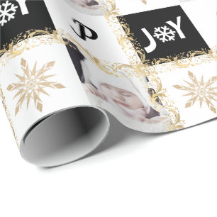 Papier Cadeau Photo personnalisée Monogramme Or & Noir Noël Joie