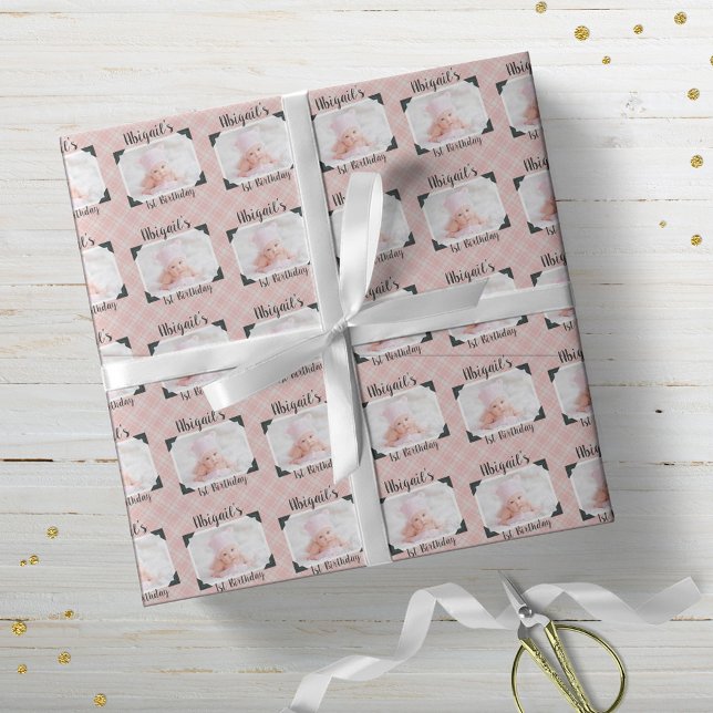 Papier Cadeau Photo personnalisée Pink Plaid Baby Birthday (Créateur téléchargé)