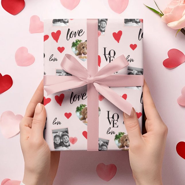 Papier Cadeau Photo personnalisée Saint Valentin rose et rouge (Créateur téléchargé)