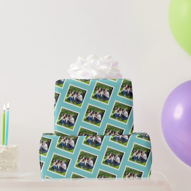 Papier Cadeau Photo personnalisée Turquoise bleu et blanc (Cadeaux de fête)