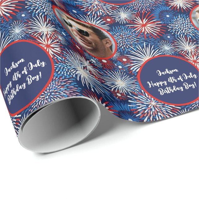 Papier Cadeau Photo Texte Rouge Bleu Blanc 4 juillet Anniversair (Coin rond)