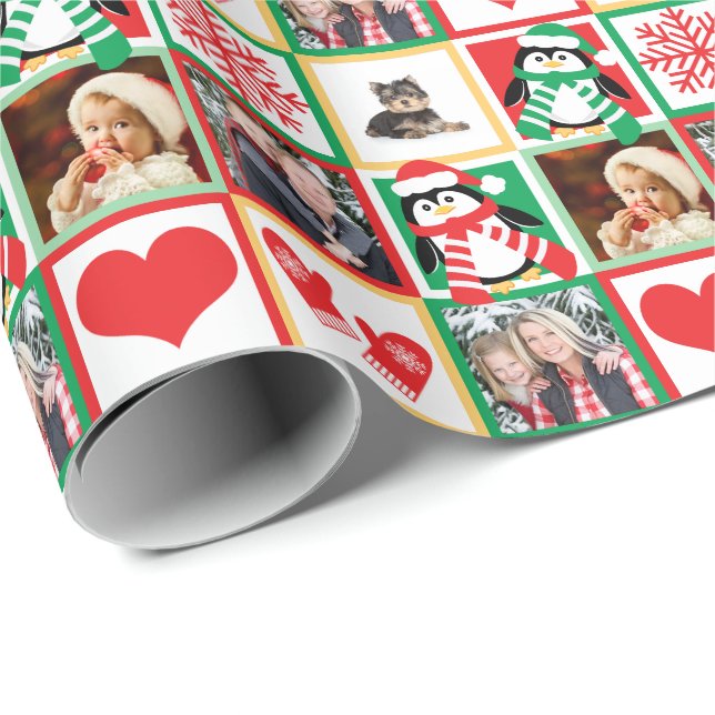 Papier Cadeau Photos de famille de Noël avec les pingouins (Coin rond)