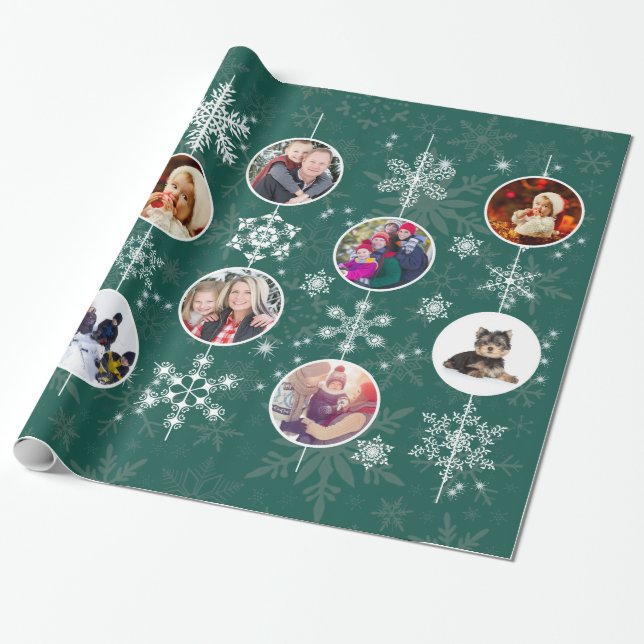 Papier Cadeau Photos de famille Flammes de neige de Noël Vert él (Déroulé)
