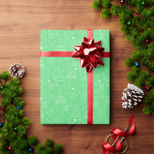 Papier Cadeau Photos de Noël blanc sur Green (Cadeau de vacances)