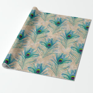 Papier Cadeau Pic bleu plumes sur Brown clair