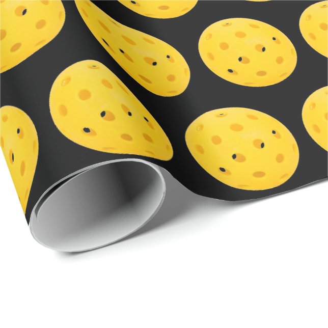 Papier Cadeau Pickleball jaune sur noir (Coin rond)