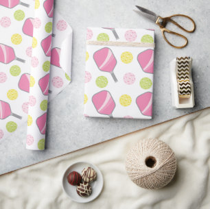Papier Cadeau Pickleball Rose Vert & Jaune Paddle & Balls