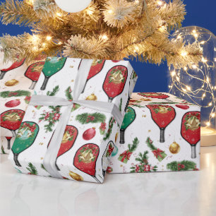Papier Cadeau Pickleball thème de Noël avec une raquette 