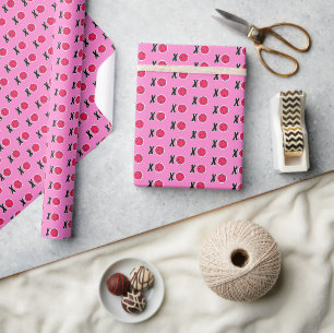 Papier Cadeau Pickleball XOXO Câlins et Bisous Rose Noir Blanc