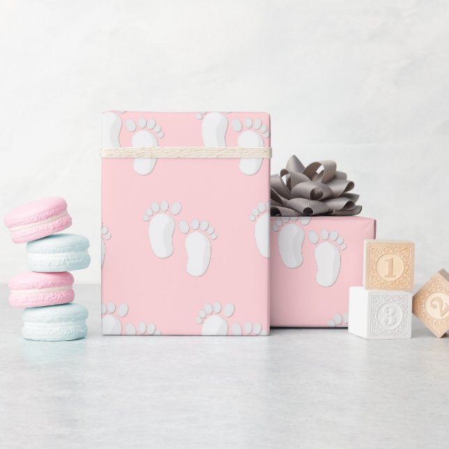 Papier Cadeau Pieds Bébé Blanc Sur Rose (Baby Shower)