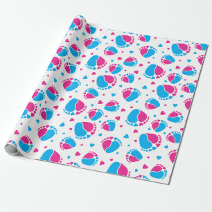 Papier Cadeau Pieds bébé et Coeurs en bleu et rose
