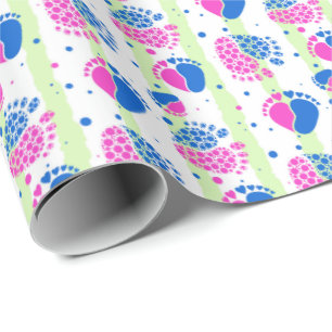 Papier Cadeau Pieds bébé et Coeurs en bleu et rose
